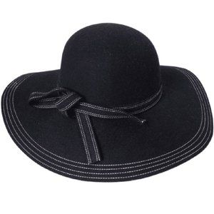 Floppy Wool Hat with White Stitching and Knotted Band Detail